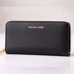 Michael Kors Large Zip Around Wallet Black Pebbled Leather Gold Tone Continental